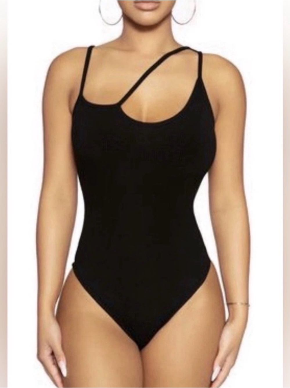 Naked Wardrobe Black Asymmetrical-Strap Bodysuit, NWOT, M